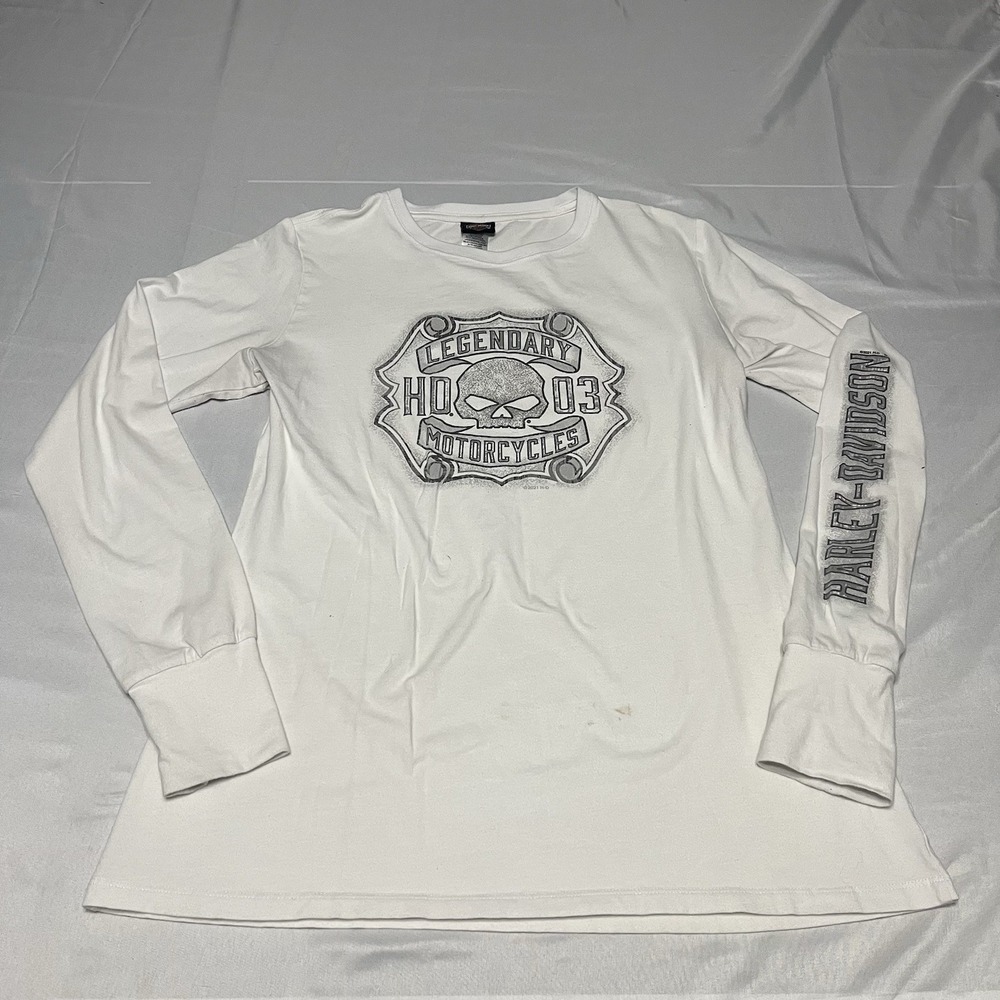 Harley Davidson Shirt Woman's L White Spell Out Long Sleeve Biker Y2K